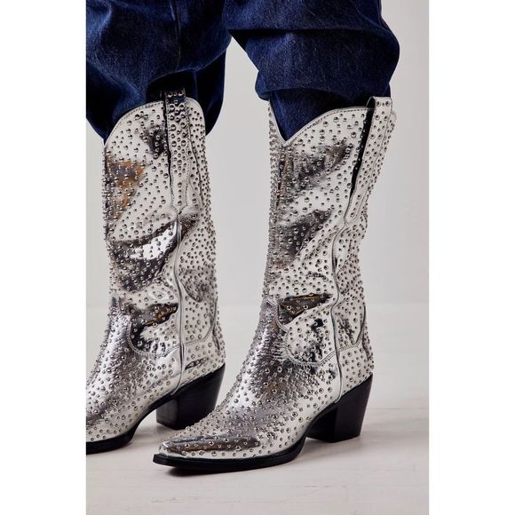 Free People x Jeffrey Campbell Dagget Studded Western Metallic Leather Boots - Picture 7 of 8